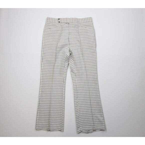 Vtg 70s Streetwear Mens 34x30 Knit Wide Leg Bell Bottoms Chino Pants Plaid USA